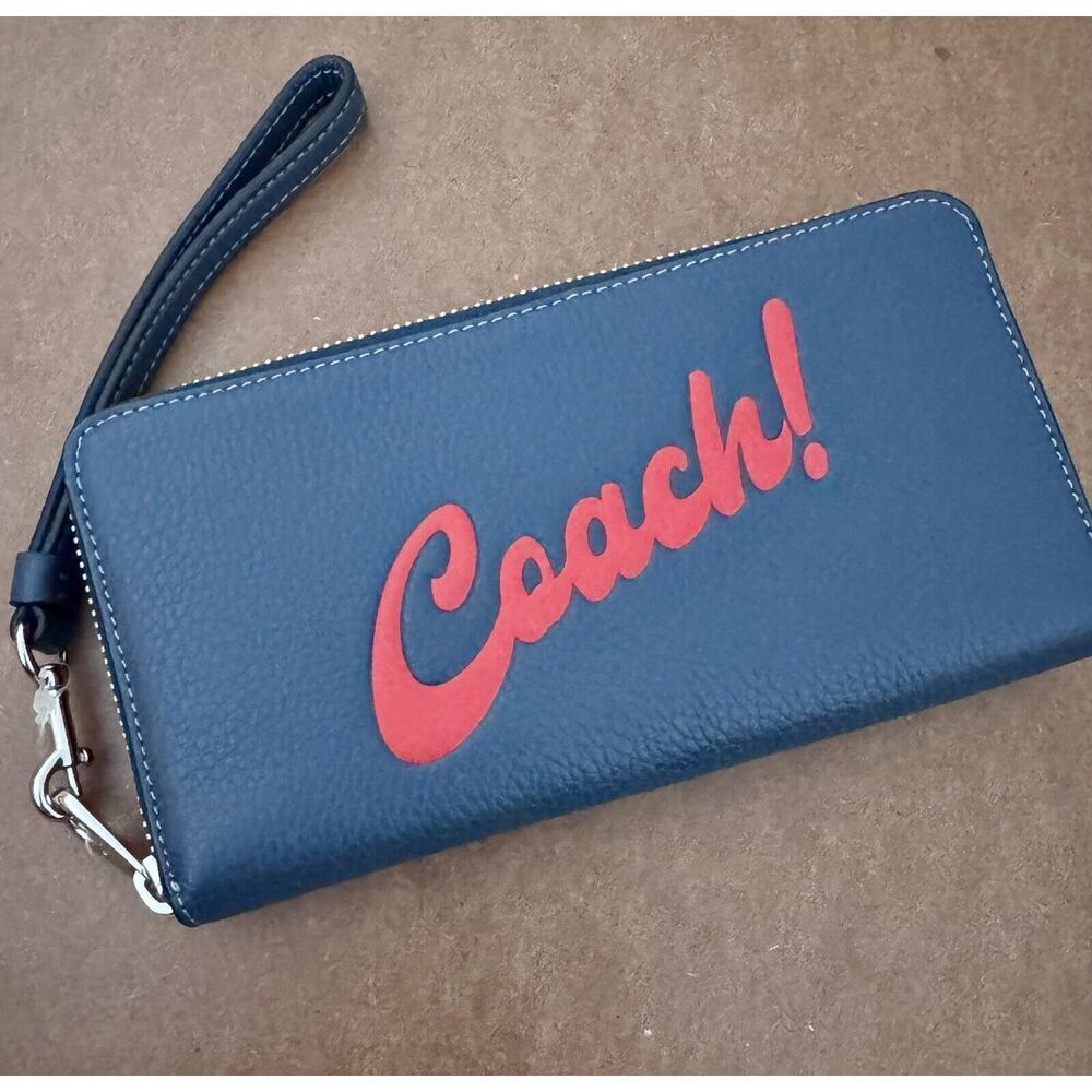 COACH CU381 Long Zip Around Wallet Leather/Navy with Coach Graphic/$298/NWOT